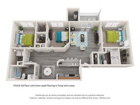 Floor plan for 3 beds, 2 baths, 1351 sqft